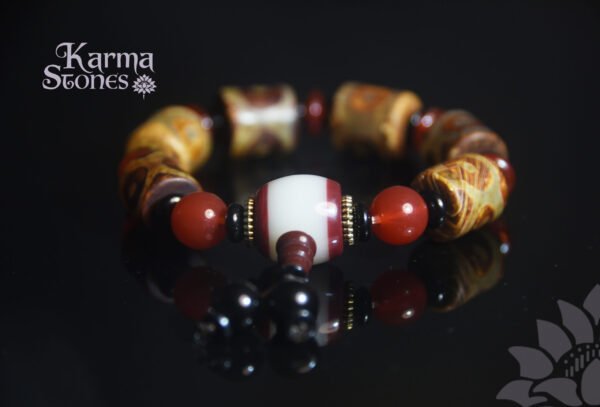 Brown Dzi Bead with Red Bead Ornaments