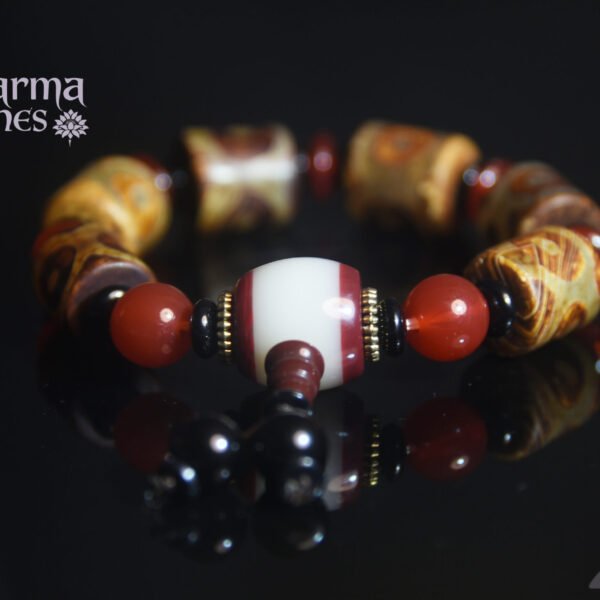 Brown Dzi Bead with Red Bead Ornaments